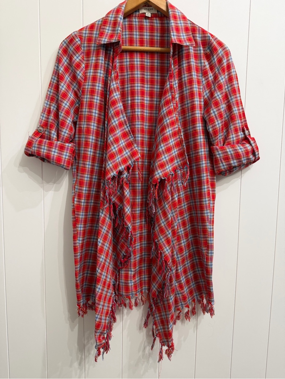 Umgee Women's Plaid Open Front Fringe Cardigan Top Roll Tab Sleeves Red Small S
